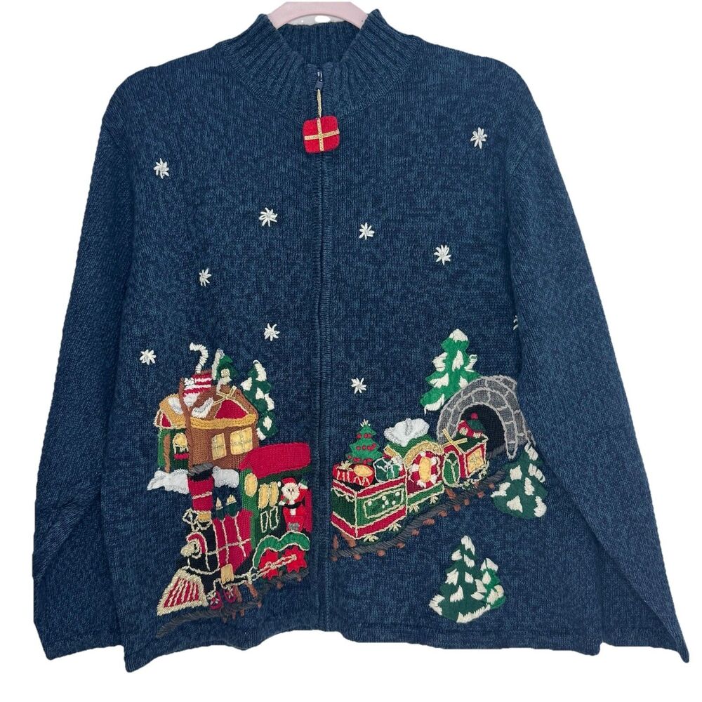Vtg Christmas Cardigan Ugly Sweater Zip Embroidered Beaded Festive Granny M Y2k